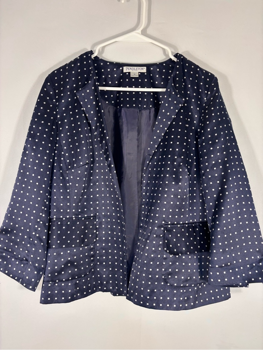 Pendleton Silk Cotton Navy Polka Dot Open Front Blazer Jacket Size 14P